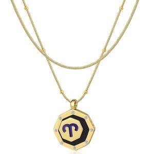 Aries - Gold Enamel CZ Zodiac Pendant Beaded Chain Necklace + FREE Snake Chain